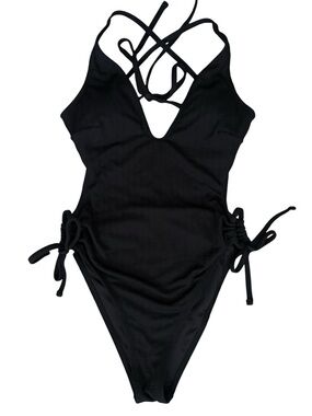 Cupshe Black One Piece Swimsuit Size Large Ruched Adjustable Strappy